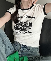 c.u.l | クロップド丈 デザインプリント リンガーTシャツ culw461(Tシャツ/カットソー)