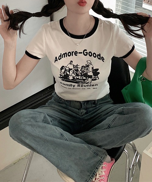 【アウトレット☆送料無料】 クロップド丈 デザインプリント リンガーTシャツ culw461（T トップス