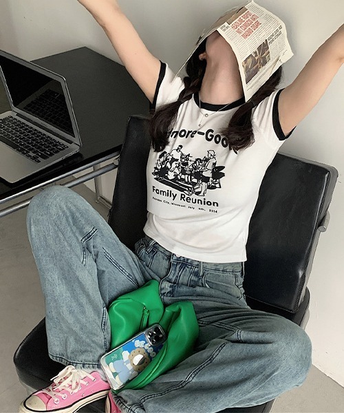 c.u.l（シーユーエル）の「クロップド丈 デザインプリント リンガーTシャツ culw461（Tシャツ/カットソー・レディース・ホワイト・L/M）」の5枚目の写真