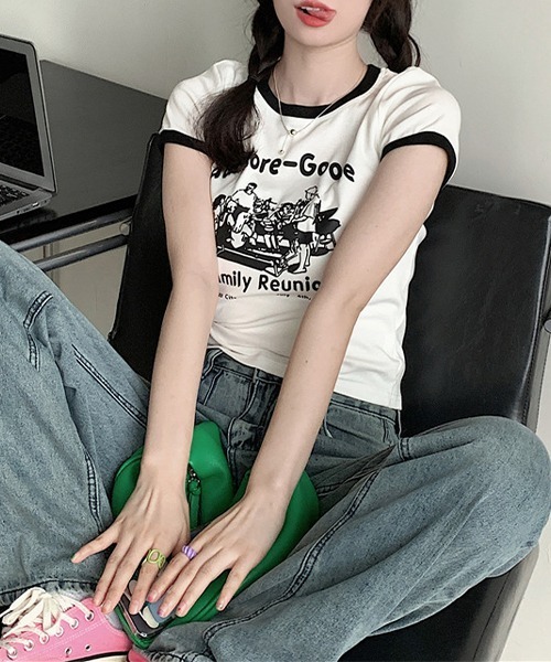 c.u.l（シーユーエル）の「クロップド丈 デザインプリント リンガーTシャツ culw461（Tシャツ/カットソー・レディース・ホワイト・L/M）」の8枚目の写真