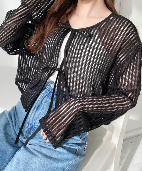 moment+（モーメントプラス）の「【累計販売枚数２万枚突破！】前後2WAYストライプメッシュショート丈リボンカーディガン（カーディガン/ボレロ・レディース・ホワイト系その他/ベージュ系その他/ピンク/ブラック/ピンク系その他/ブラック系その他/ナチュラル/オフホワイト/ブルー系その他/ブルー・M/L）」の11枚目の写真