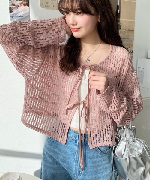 moment+（モーメントプラス）の「【累計販売枚数２万枚突破！】前後2WAYストライプメッシュショート丈リボンカーディガン（カーディガン/ボレロ・レディース・ホワイト系その他/ベージュ系その他/ピンク/ブラック/ピンク系その他/ブラック系その他/ナチュラル/オフホワイト/ブルー系その他/ブルー・M/L）」の14枚目の写真