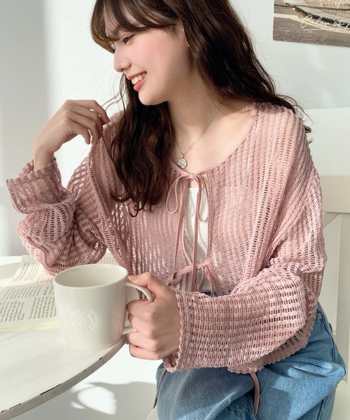 moment+（モーメントプラス）の「【累計販売枚数２万枚突破！】前後2WAYストライプメッシュショート丈リボンカーディガン（カーディガン/ボレロ・レディース・ホワイト系その他/ベージュ系その他/ピンク/ブラック/ピンク系その他/ブラック系その他/ナチュラル/オフホワイト/ブルー系その他/ブルー・M/L）」の15枚目の写真