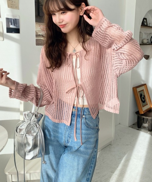 moment+（モーメントプラス）の「【累計販売枚数２万枚突破！】前後2WAYストライプメッシュショート丈リボンカーディガン（カーディガン/ボレロ・レディース・ホワイト系その他/ベージュ系その他/ピンク/ブラック/ピンク系その他/ブラック系その他/ナチュラル/オフホワイト/ブルー系その他/ブルー・M/L）」の16枚目の写真