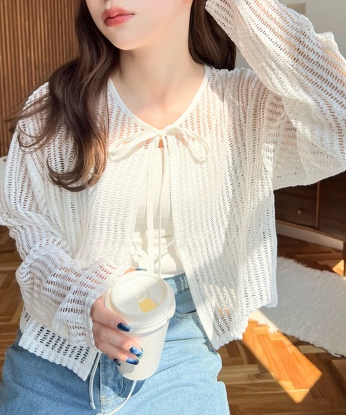 moment+（モーメントプラス）の「【累計販売枚数２万枚突破！】前後2WAYストライプメッシュショート丈リボンカーディガン（カーディガン/ボレロ・レディース・ホワイト系その他/ベージュ系その他/ピンク/ブラック/ピンク系その他/ブラック系その他/ナチュラル/オフホワイト/ブルー系その他/ブルー・M/L）」の21枚目の写真