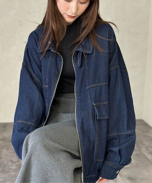 セール】ビッグサイズデニムスタンドカラーブルゾン（デニムジャケット