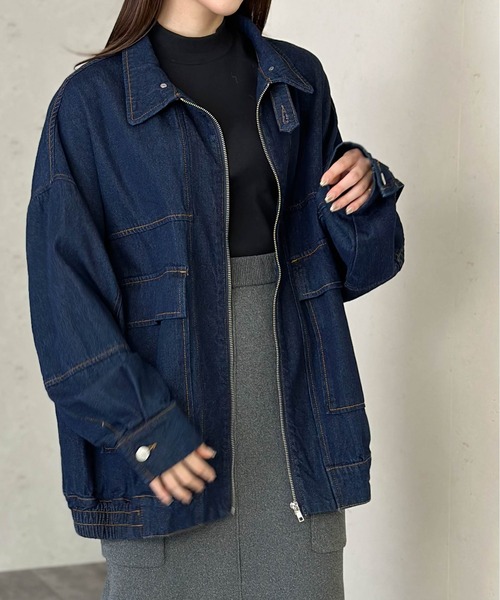 セール】ビッグサイズデニムスタンドカラーブルゾン（デニムジャケット