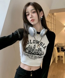 shopnikoniko（ショップニコニコ）の「ショート丈 ロンT ラグラン ロングTシャツ  長袖  クロップド丈 ロゴプリント（Tシャツ/カットソー・レディース）」