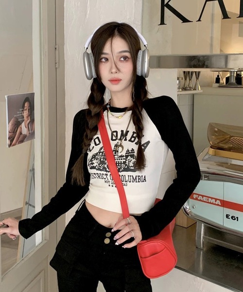 セール】ショート丈 ロンT ラグラン ロングTシャツ 長袖 クロップド丈