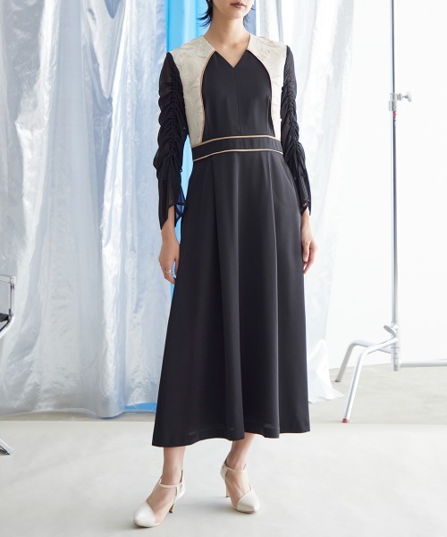 Callarus（カラルス）の「【販売終了】〔Callarus〕【結婚式・お呼ばれ・パーティー・オケージョンドレス】ジャガード切替袖シャーリングデザインワンピースドレス｜大きいサイズ有（ドレス・レディース・ブラック系/ネイビー系・M/LL/L/3L/4L/5L）」の8枚目の写真