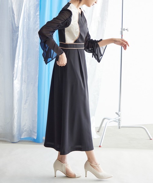 Callarus（カラルス）の「【販売終了】〔Callarus〕【結婚式・お呼ばれ・パーティー・オケージョンドレス】ジャガード切替袖シャーリングデザインワンピースドレス｜大きいサイズ有（ドレス・レディース・ブラック系/ネイビー系・M/LL/L/3L/4L/5L）」の9枚目の写真