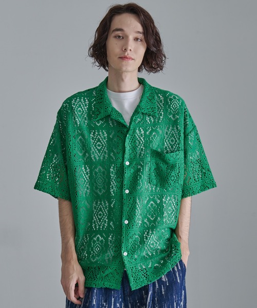 Revo.（レボ）の「【Revo.】コットンクロシェ編み ショートスリーブ シャツ（シャツ/ブラウス・メンズ・ホワイト/ブラック/グリーン・M/L）」の3枚目の写真