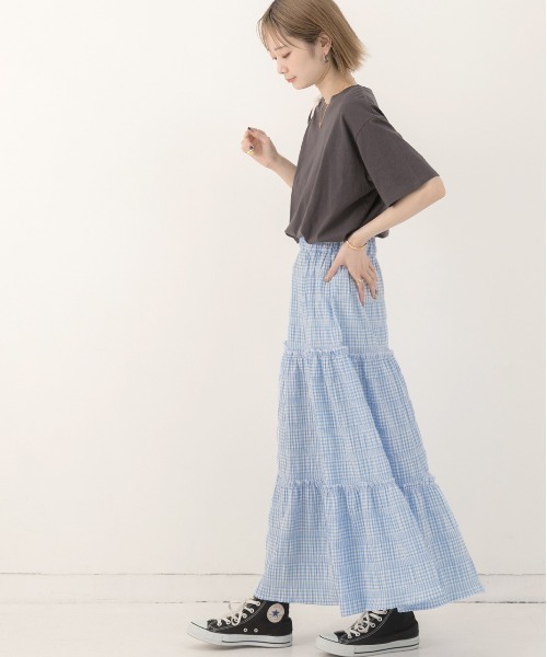 ad thie（アドティエ）の「ギンガムチェック・ワッシャー加工 ロングティアードスカート（スカート・レディース・ライトブルー/ブラック・FREE）」の8枚目の写真