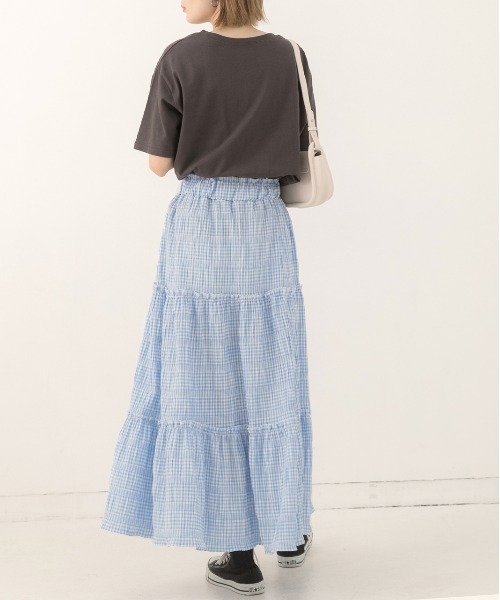 ad thie（アドティエ）の「ギンガムチェック・ワッシャー加工 ロングティアードスカート（スカート・レディース・ライトブルー/ブラック・FREE）」の10枚目の写真