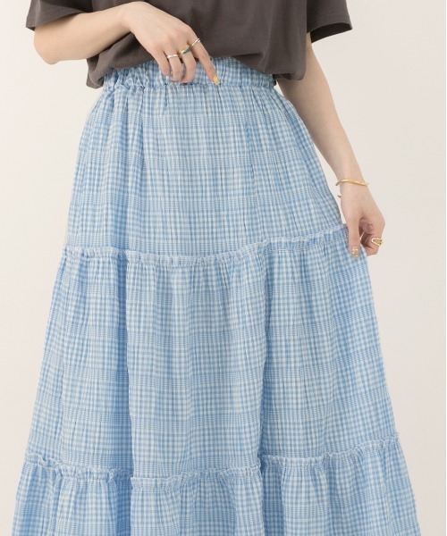 ad thie（アドティエ）の「ギンガムチェック・ワッシャー加工 ロングティアードスカート（スカート・レディース・ライトブルー/ブラック・FREE）」の11枚目の写真