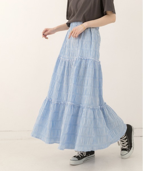 ad thie（アドティエ）の「ギンガムチェック・ワッシャー加工 ロングティアードスカート（スカート・レディース・ライトブルー/ブラック・FREE）」の12枚目の写真