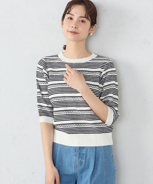 COMME CA ISM(コムサイズム)の「ボーダー5分袖ニット(ニット/セーター・レディース・ブラック×ホワイト・MEDIUM/LARGE)」の1枚目の写真