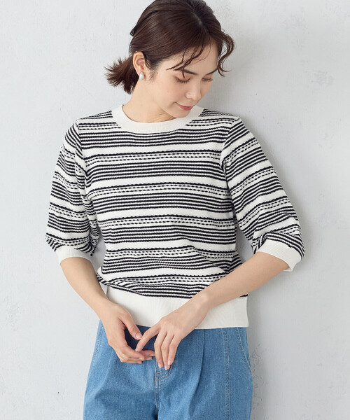 COMME CA ISM(コムサイズム)の「ボーダー5分袖ニット(ニット/セーター・レディース・ブラック×ホワイト・MEDIUM/LARGE)」の4枚目の写真