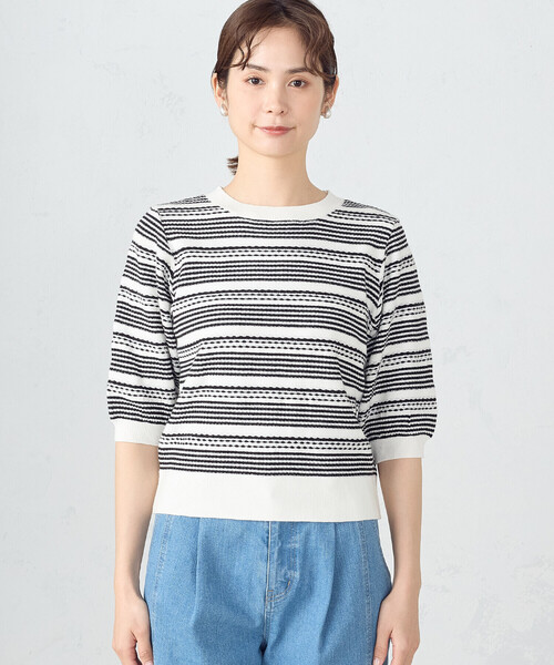 COMME CA ISM(コムサイズム)の「ボーダー5分袖ニット(ニット/セーター・レディース・ブラック×ホワイト・MEDIUM/LARGE)」の5枚目の写真