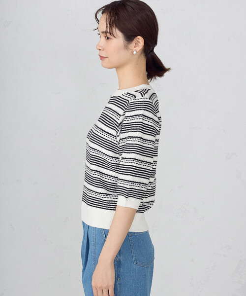 COMME CA ISM(コムサイズム)の「ボーダー5分袖ニット(ニット/セーター・レディース・ブラック×ホワイト・MEDIUM/LARGE)」の6枚目の写真