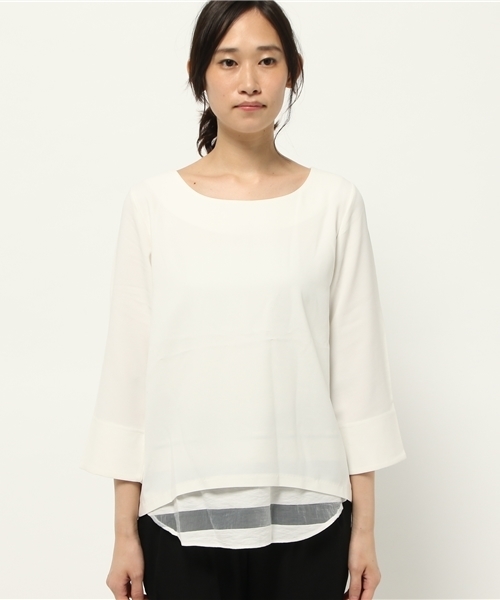 OUTLET（アウトレット）の「【CAPRICIEUX LE'MAGE】シアーボーダーチラ見セブラウス（シャツ/ブラウス・レディース・ベージュ/ホワイト・FREE）」の3枚目の写真