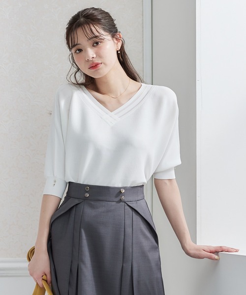 12Twelve Agenda(トゥエルブ アジェンダ)の「前後2wayシアーネックドルマン5分袖ニットプルオーバー(ニット/セーター・レディース・オフホワイト/イエロー/ネイビー/ラベンダー/ブルー・M)」の7枚目の写真