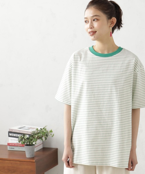 FOUND GOOD(ファウンドグッド)の「ルーズシルエットマルチボーダー半袖Tシャツ(Tシャツ/カットソー・レディース・グリーン系5/ブルー系2/イエロー系5/ピンク系2・S/M/L)」の5枚目の写真