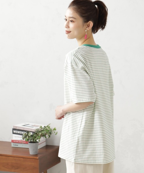 FOUND GOOD(ファウンドグッド)の「ルーズシルエットマルチボーダー半袖Tシャツ(Tシャツ/カットソー・レディース・グリーン系5/ブルー系2/イエロー系5/ピンク系2・S/M/L)」の6枚目の写真