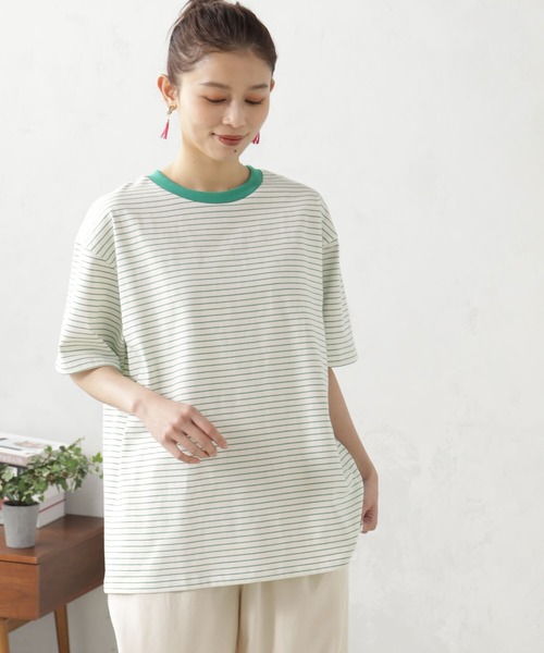 FOUND GOOD(ファウンドグッド)の「ルーズシルエットマルチボーダー半袖Tシャツ(Tシャツ/カットソー・レディース・グリーン系5/ブルー系2/イエロー系5/ピンク系2・S/M/L)」の8枚目の写真