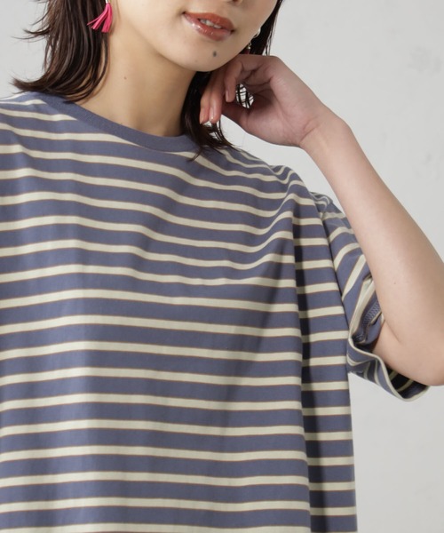 FOUND GOOD(ファウンドグッド)の「ルーズシルエットマルチボーダー半袖Tシャツ(Tシャツ/カットソー・レディース・グリーン系5/ブルー系2/イエロー系5/ピンク系2・S/M/L)」の11枚目の写真