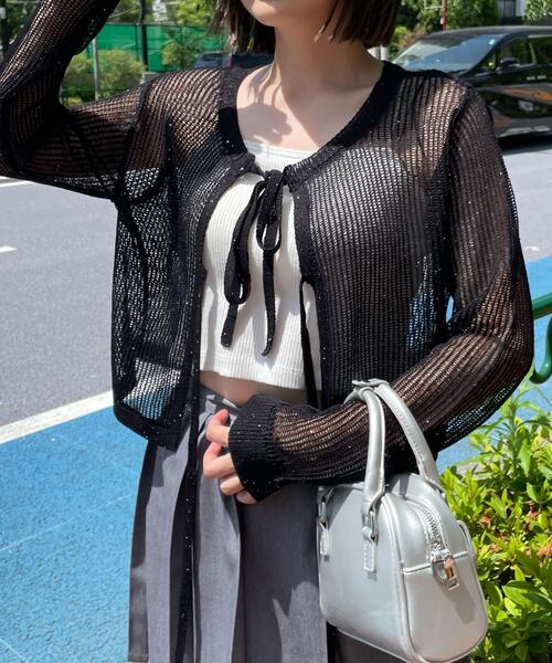 WEGO(ウィゴー)の「WEGO/スパンコールメッシュニットカーデ(カーディガン/ボレロ・レディース・ホワイト/ブラック・FREE)」の2枚目の写真