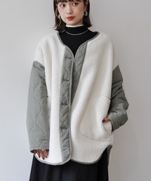 Meli rich | 袖キルト切替ノーカラーボアジャケット(ノーカラージャケット)