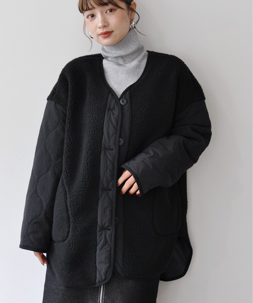 【セール】袖キルト切替ノーカラーボアジャケット（ノーカラージャケット）｜Meli rich（メリーリッチ）