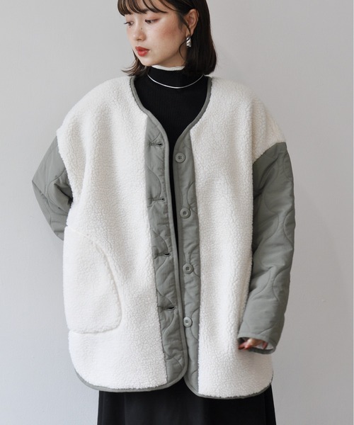 【セール】袖キルト切替ノーカラーボアジャケット（ノーカラージャケット）｜Meli rich（メリーリッチ）