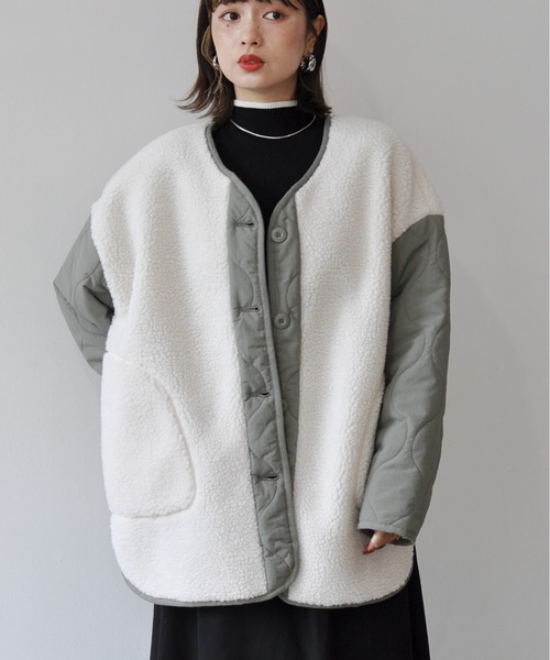 【セール】袖キルト切替ノーカラーボアジャケット（ノーカラージャケット）｜Meli rich（メリーリッチ）
