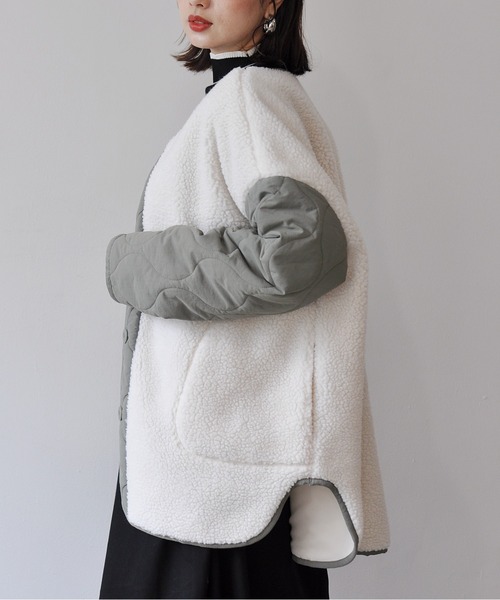 【セール】袖キルト切替ノーカラーボアジャケット（ノーカラージャケット）｜Meli rich（メリーリッチ）