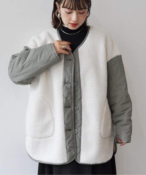 【セール】袖キルト切替ノーカラーボアジャケット（ノーカラージャケット）｜Meli rich（メリーリッチ）