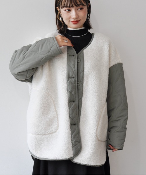 【セール】袖キルト切替ノーカラーボアジャケット（ノーカラージャケット）｜Meli rich（メリーリッチ）