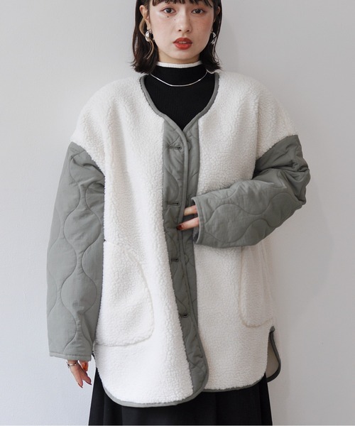 【セール】袖キルト切替ノーカラーボアジャケット（ノーカラージャケット）｜Meli rich（メリーリッチ）