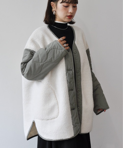 【セール】袖キルト切替ノーカラーボアジャケット（ノーカラージャケット）｜Meli rich（メリーリッチ）
