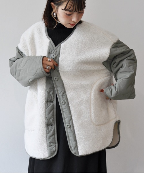 【セール】袖キルト切替ノーカラーボアジャケット（ノーカラージャケット）｜Meli rich（メリーリッチ）