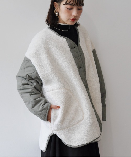 【セール】袖キルト切替ノーカラーボアジャケット（ノーカラージャケット）｜Meli rich（メリーリッチ）