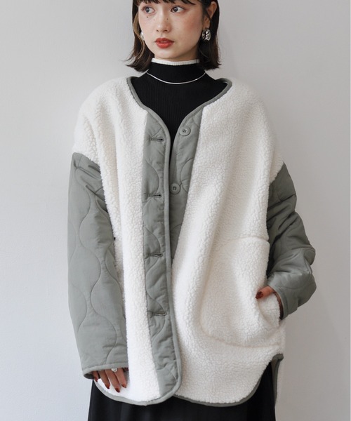【セール】袖キルト切替ノーカラーボアジャケット（ノーカラージャケット）｜Meli rich（メリーリッチ）
