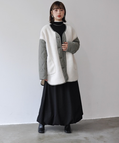 【セール】袖キルト切替ノーカラーボアジャケット（ノーカラージャケット）｜Meli rich（メリーリッチ）
