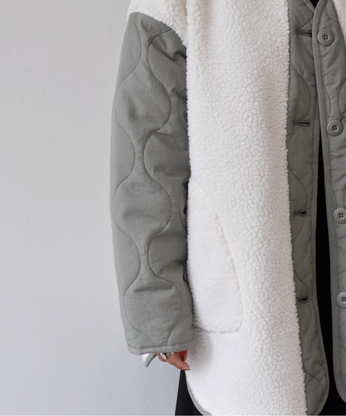 【セール】袖キルト切替ノーカラーボアジャケット（ノーカラージャケット）｜Meli rich（メリーリッチ）