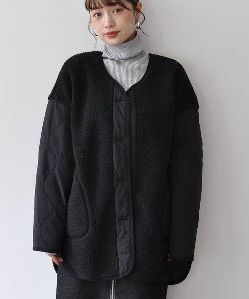 【セール】袖キルト切替ノーカラーボアジャケット（ノーカラージャケット）｜Meli rich（メリーリッチ）