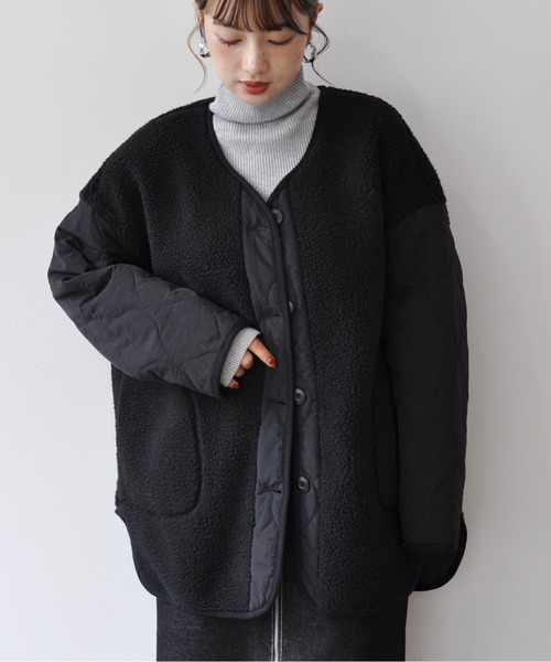 【セール】袖キルト切替ノーカラーボアジャケット（ノーカラージャケット）｜Meli rich（メリーリッチ）