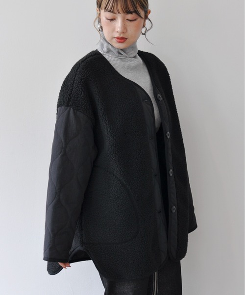 【セール】袖キルト切替ノーカラーボアジャケット（ノーカラージャケット）｜Meli rich（メリーリッチ）