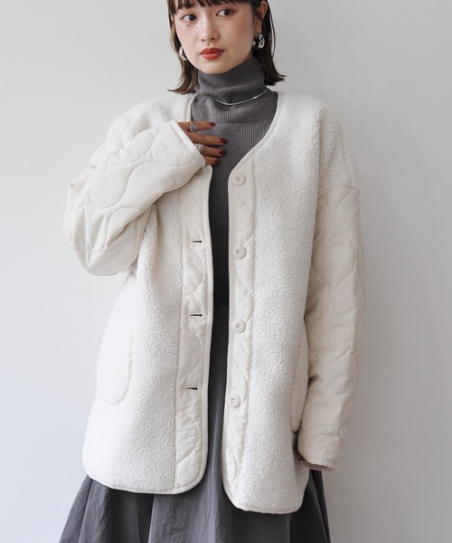 【セール】袖キルト切替ノーカラーボアジャケット（ノーカラージャケット）｜Meli rich（メリーリッチ）