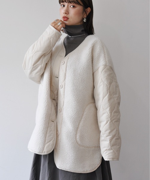 【セール】袖キルト切替ノーカラーボアジャケット（ノーカラージャケット）｜Meli rich（メリーリッチ）